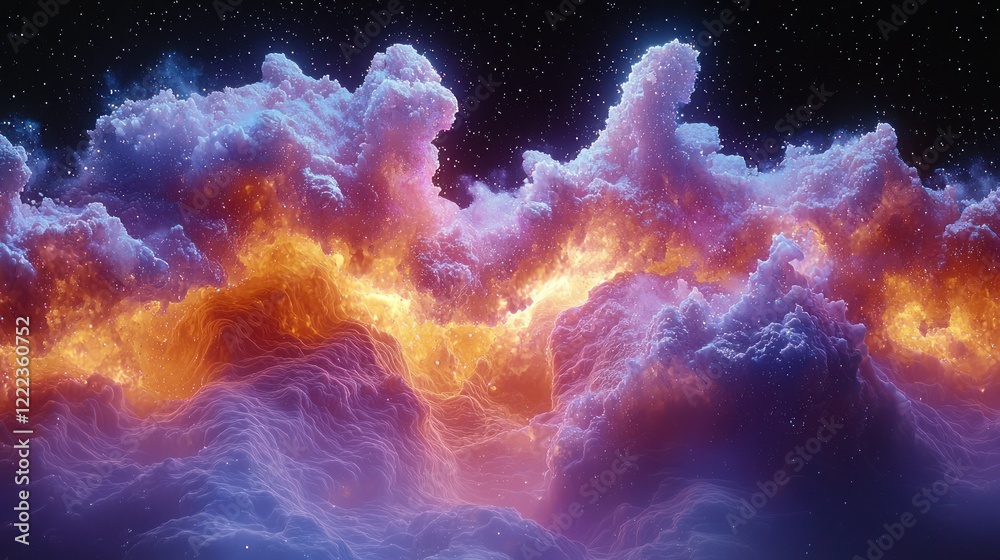 Obraz premium Celestial Cloudscape: A fiery and ethereal dreamscape of vibrant clouds, cosmic dust, and nebulae.