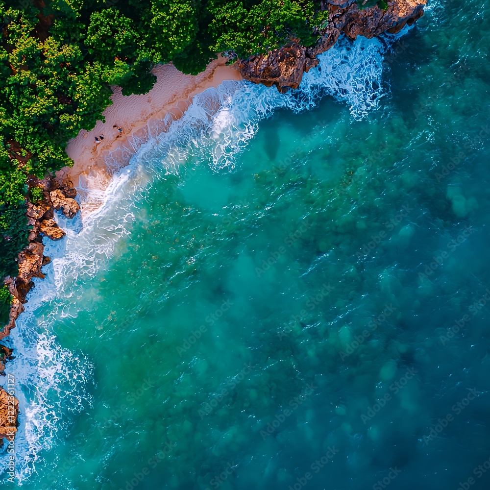 Obraz premium Aerial View of Tropical Beach with Lush Greenery and Clear Waters