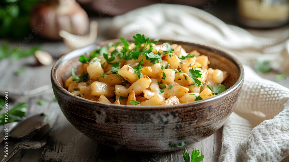Rustic fried potatoes with fresh herbs in a ceramic bowl. Rustic fried potatoes with fresh herbs in a ceramic bowl.