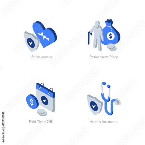 Simple set of isometric flat icons for employee benefits. Contains such symbols as Life Insurance, Retirement Plans, Paid Time Off and Health Insurance.