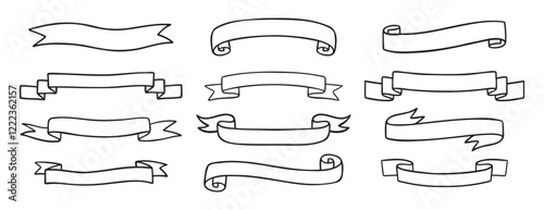 ribbons template for text doodle hand drawn icon set. Outline drawing medieval ribbons template line clipart symbol collection
