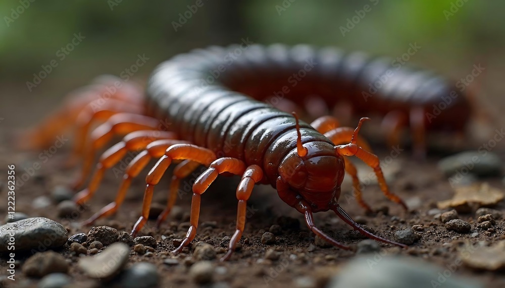 Fototapeta premium Magnificent Centipede Close-Up: A Detailed Look at an Orange Centipede on the Forest Floor