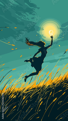 Dynamic Abstract Woman Leaping to Catch Lightbulb in Open Meadow