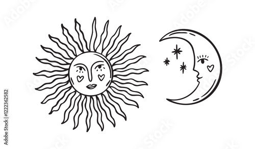 Moon and sun faces outline, set of beautiful mystical cartoon doodle elements, sunshine and crescent cosmic symbols. Sun and moon whimsical boho style