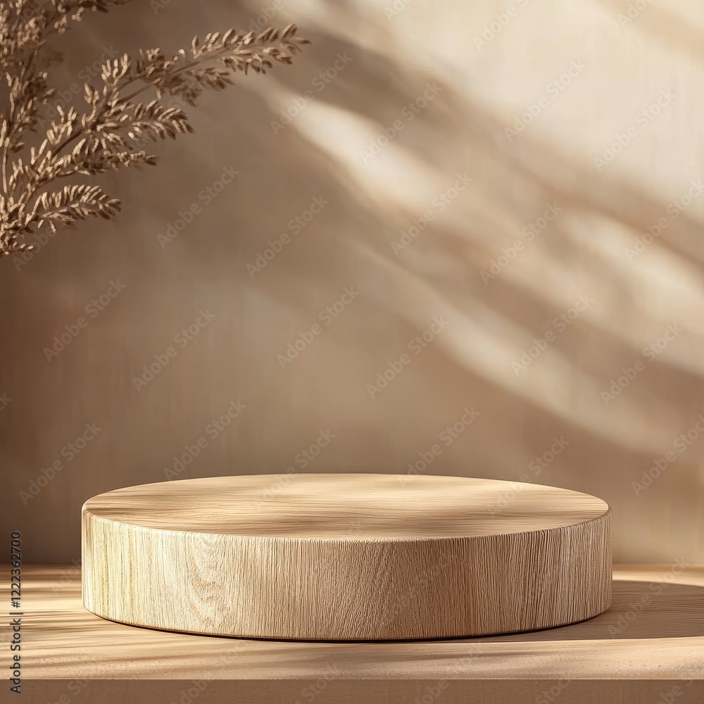 Wooden podium for product display on wooden table in front of abstract background Wooden podium for product display on wooden table in front of abstract background