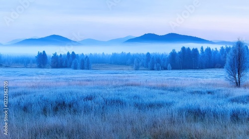 Frosty field sunrise, misty mountains, peaceful landscape, nature background