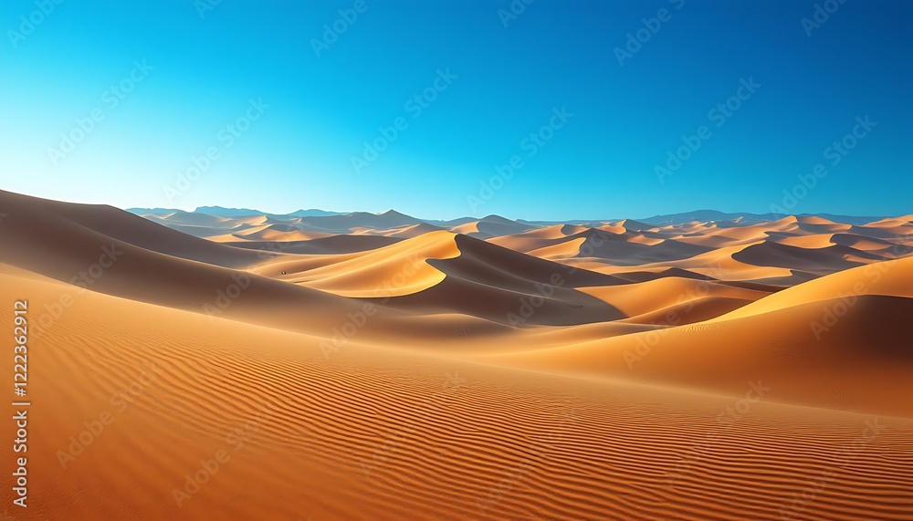 Naklejka premium Golden Sahara Desert Dunescape Vibrant Blue Sky Background