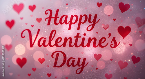 Valentines day background with heart pattern and typography of Happy valentine's Day text. Inscription on steamy glass.