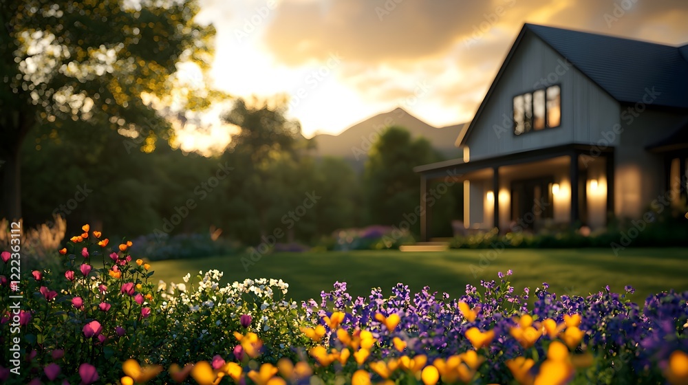 Beautiful Sunset Over a Cozy House Surrounded by Vibrant Flowers Beautiful Sunset Over a Cozy House Surrounded by Vibrant Flowers