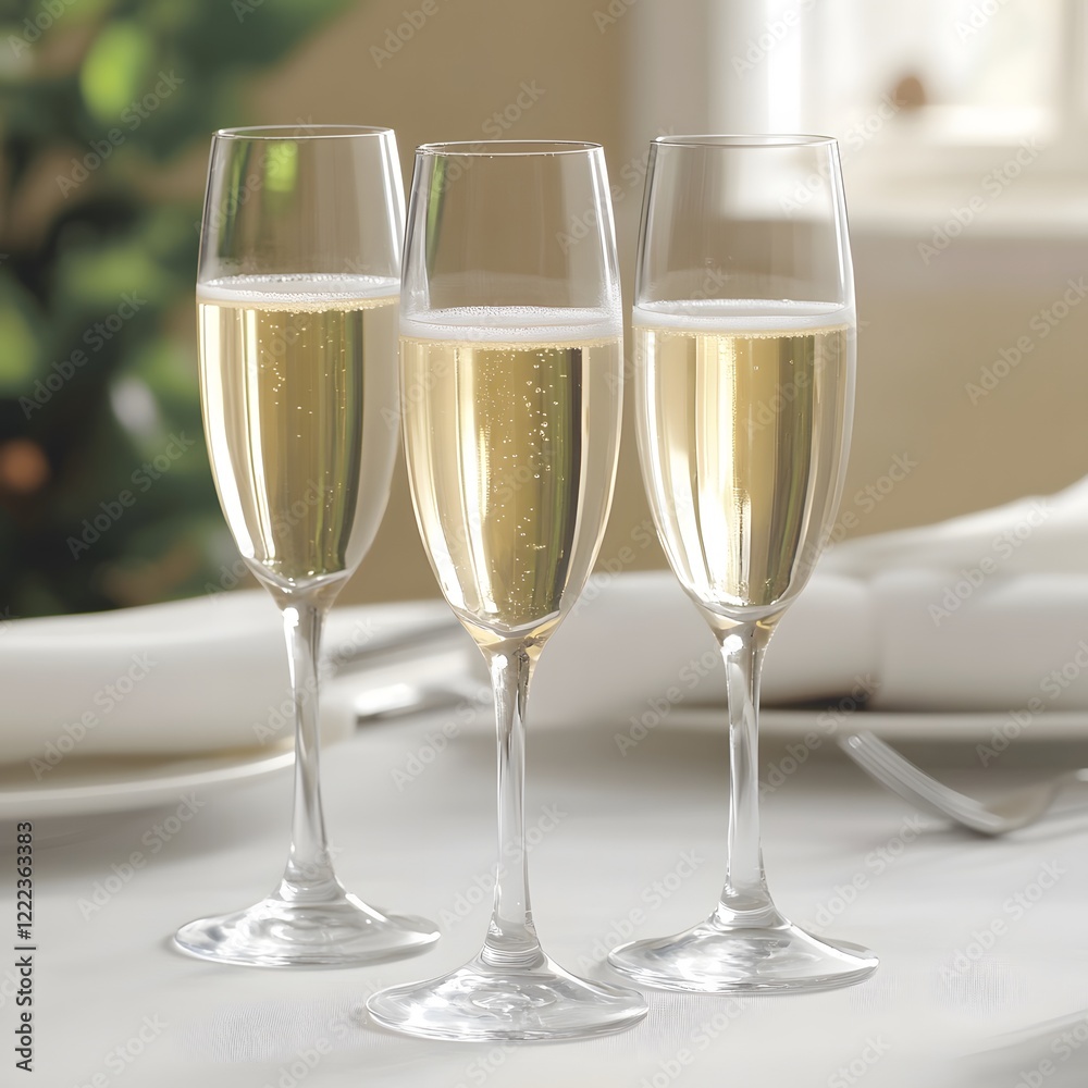 Three Champagne Flutes on Elegant Table Setting Three Champagne Flutes on Elegant Table Setting