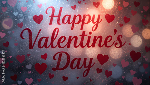 Valentines day background with heart pattern and typography of Happy Valentine's Day text. Inscription on cracked plexiglass.