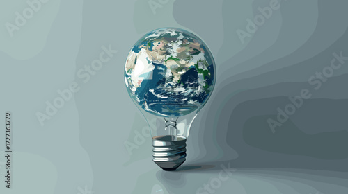 Earth globe encased in light bulb with stormy sky backdrop, environmental impact concept