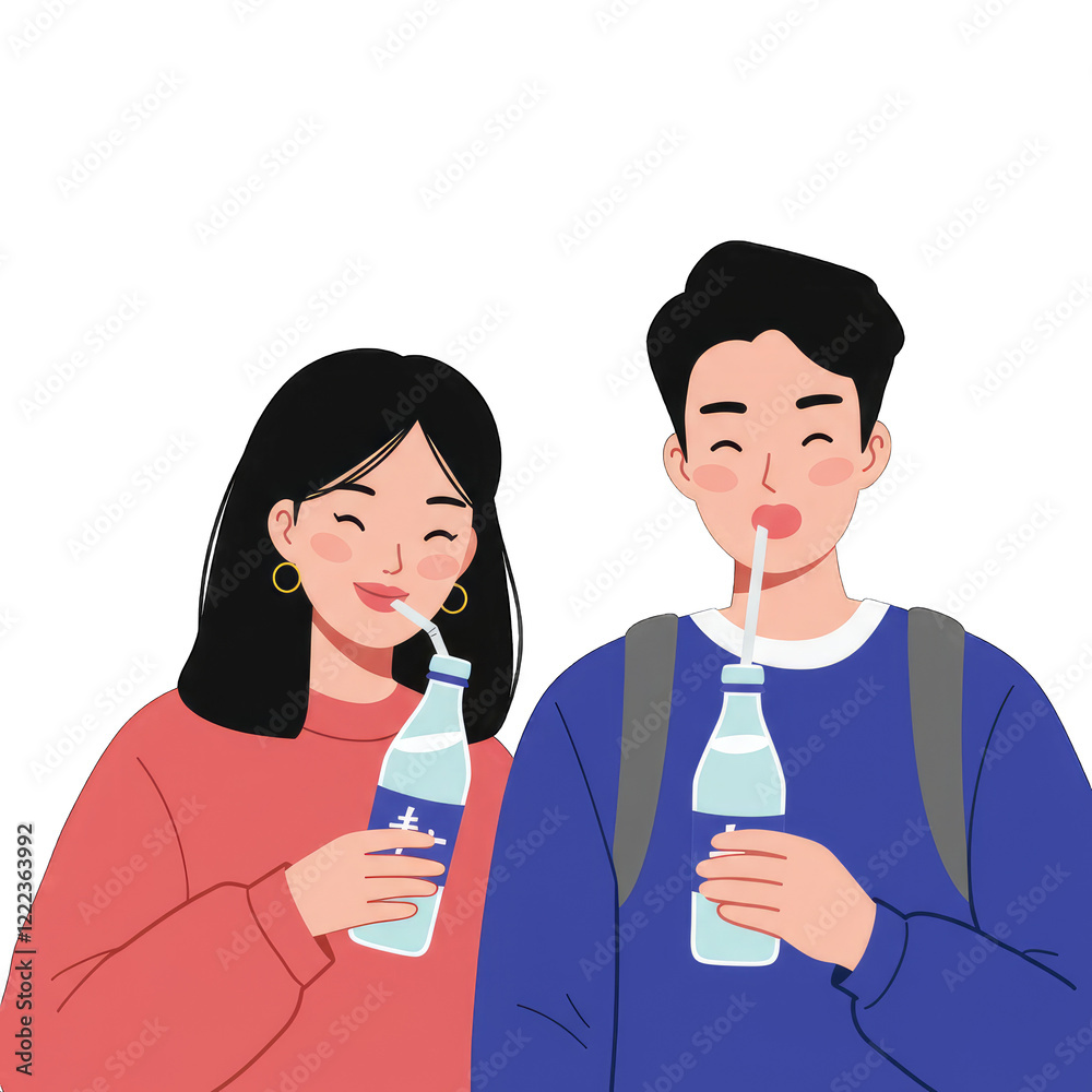 A charming illustration of a couple sharing water and a moment of togetherness. A charming illustration of a couple sharing water and a moment of togetherness.