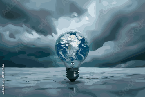 Earth globe encased in light bulb with stormy sky backdrop, environmental impact concept