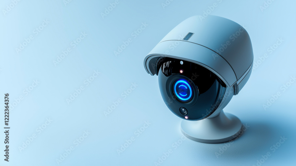 Home & Property Security Smart Home Integration concept. Security camera with a sleek design and blue LED light, positioned against a soft blue background, showcasing modern surveillance technology. Home & Property Security Smart Home Integration concept. Security camera with a sleek design and blue LED light, positioned against a soft blue background, showcasing modern surveillance technology.