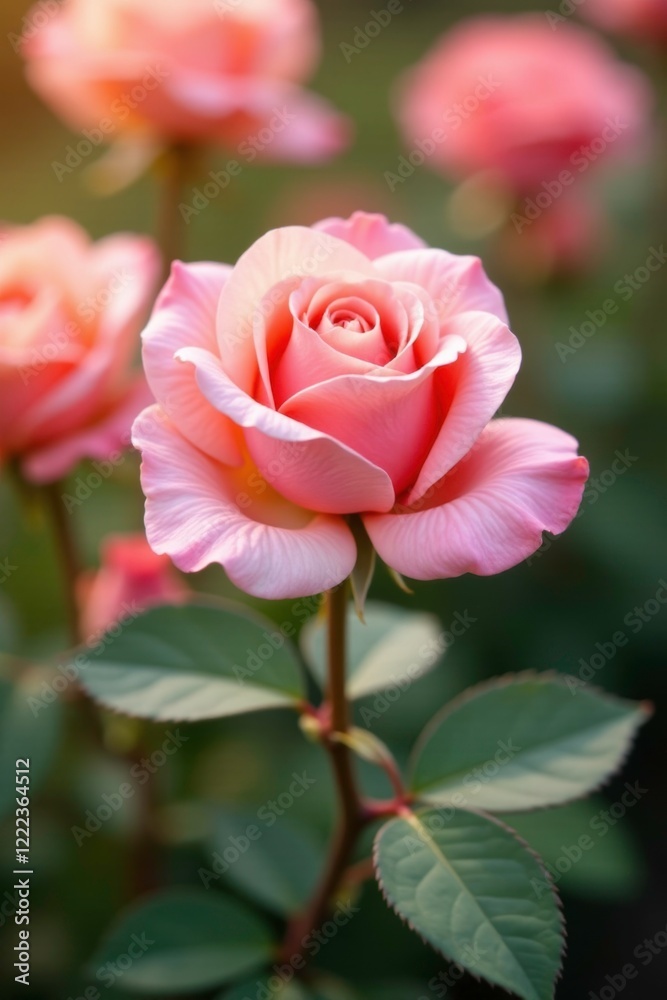 Pink rose bud nestled among soft peach-colored petals, bloom, flower, nature Pink rose bud nestled among soft peach-colored petals, bloom, flower, nature