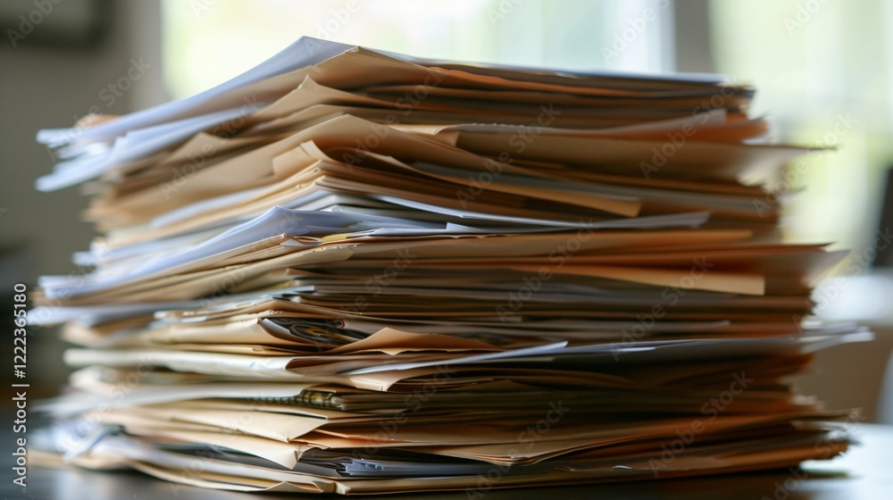 Modern office desk with organized stack of documents and laptop, representing workplace efficiency, policy management, and professional organization in corporate environment. Modern office desk with organized stack of documents and laptop, representing workplace efficiency, policy management, and professional organization in corporate environment.