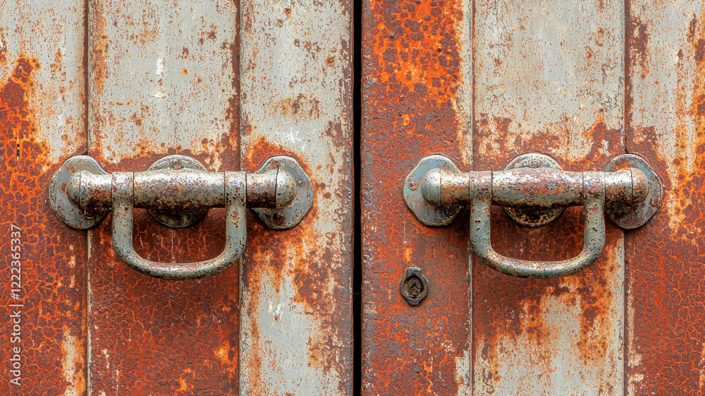 The Artistic Beauty of Rust in Sculptures and Decor Themed, close up of rusted metal door with vintage handles, showcasing weathered textures The Artistic Beauty of Rust in Sculptures and Decor Themed, close up of rusted metal door with vintage handles, showcasing weathered textures