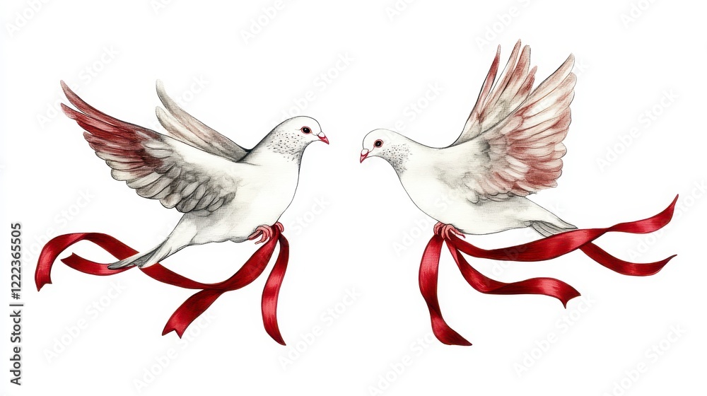 Obraz premium Beautiful White Doves with Flowing Red Ribbons in Delicate Design