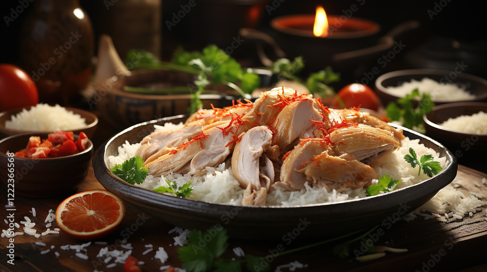 Aromatic Chicken Curry with Rise In Bowl On Blurry Background Aromatic Chicken Curry with Rise In Bowl On Blurry Background