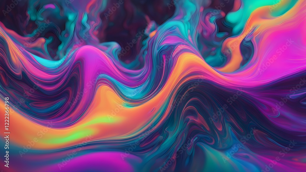 Fototapeta premium Abstract vibrant swirling paint texture in teal, pink, and orange hues.