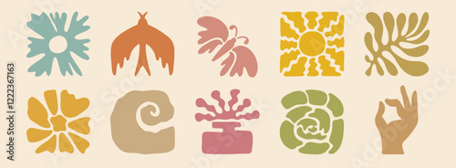boho summer beach doodle retro drawing icon set. Hand drawn groovy geometric sun, bird, flower, leaf. abstract square tropical icons in freehand retro hand drawn style