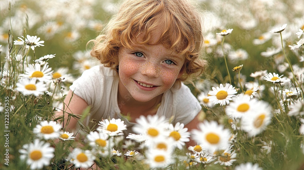 Child with Freckled Light Skin Playing Among White Daisies Child with Freckled Light Skin Playing Among White Daisies