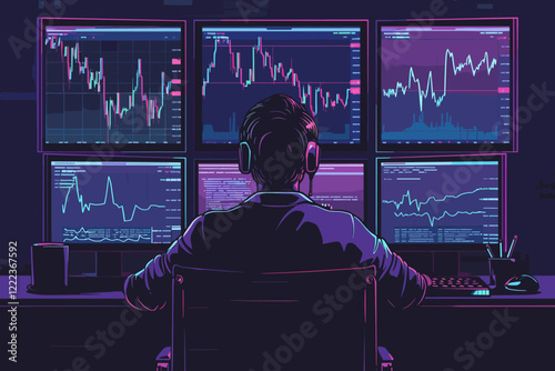 Entrepreneur Analyzing Stock Market Trends on Tablet with Bull and Bear Symbols in Modern Office Setting