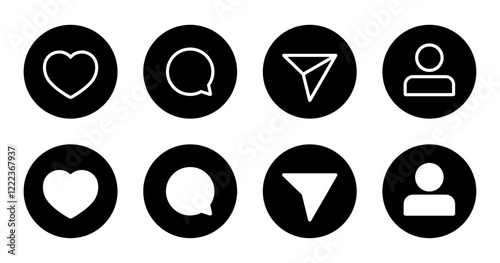 Like, comment, share, and avatar profile icon on black circle. Social media elements
