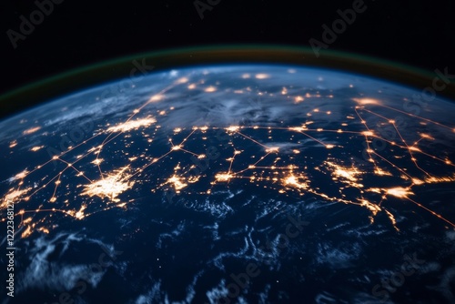 Futuristic Space Connectivity Satellite Orbit with Transmission Antennas and Solar Panels Over Day/Night Earth - Innovative Telecommunications for Global Network Expansion photo