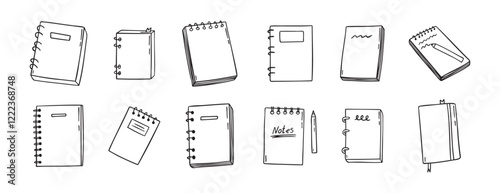 notebook doodle hand drawn icon set. Outline drawing notebooks line clipart symbol. Isolated doodle exercise book