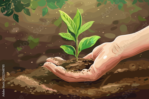 Female Hand Nurturing Young Sapling on Soil, Environmental Conservation Concept