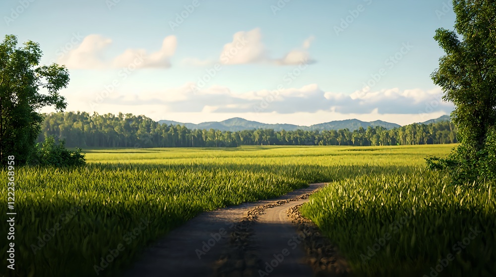 Obraz premium Serene Country Road Through Lush Green Fields and Rolling Hills