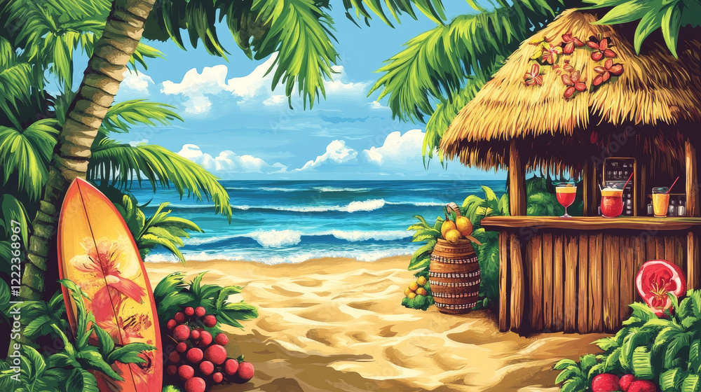 Beach tiki bar and standing surfboard. Cartoon vector illustration set of summer sea sand shore cafe with cocktails and fruits. Hawaiian tropical wooden and bamboo shack with thatch or straw roof. Beach tiki bar and standing surfboard. Cartoon vector illustration set of summer sea sand shore cafe with cocktails and fruits. Hawaiian tropical wooden and bamboo shack with thatch or straw roof.