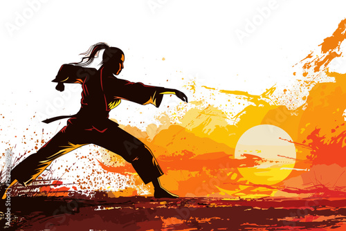 Female martial artist training in boxing stadium with pastel tones and blurred background