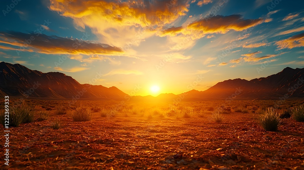 Serene Desert Landscape at Sunset with Vibrant Sky and Mountains