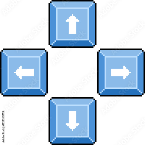 Game Control buttons. 3 D buttons with arrows. Contoured Pixel Game icon. Gaming Arrow Keyboard Keycaps