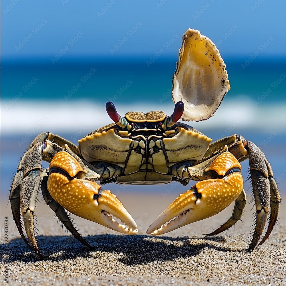 Vibrant Coastal Crab on Sandy Beach, Ocean Background Vibrant Coastal Crab on Sandy Beach, Ocean Background