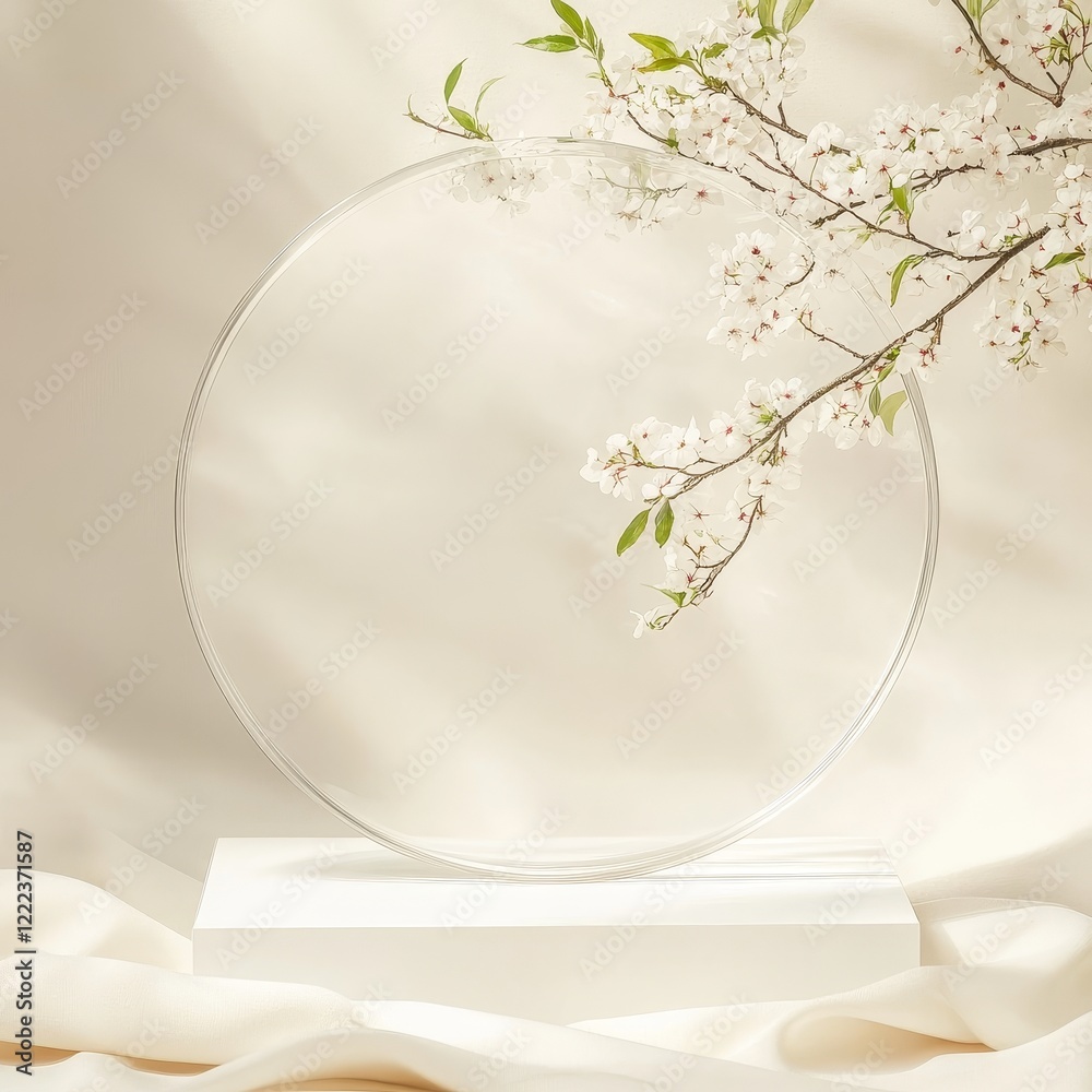 Cherry blossoms in glass vase on beige silk background Cherry blossoms in glass vase on beige silk background