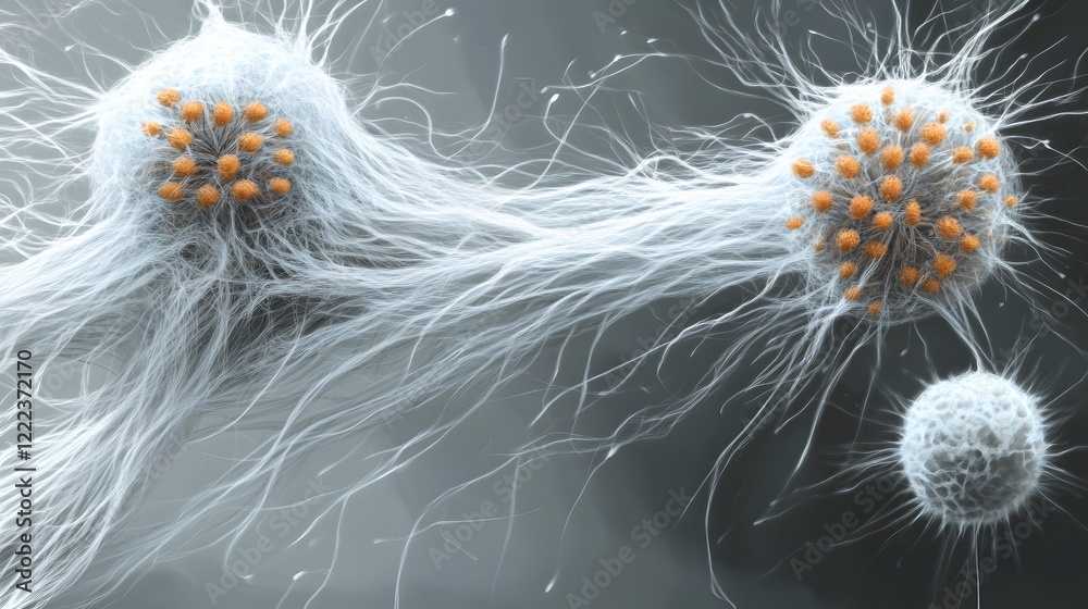 Fototapeta premium Microscopic Virus Cells Connected by Filaments Abstract AI Generated Image