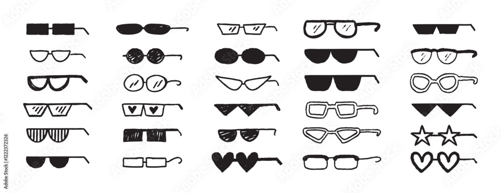 Fototapeta premium Thug glasses. Cool glasses graffiti grunge black sunglasses set, brush scribble hand drawn doodle elements