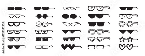 Thug glasses. Cool glasses graffiti grunge black sunglasses set, brush scribble hand drawn doodle elements