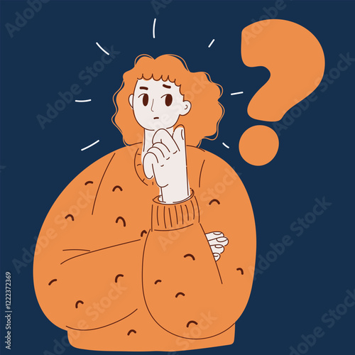 Cartoon vector illustration of a woman pondering an idea with a question mark above her head over dark background