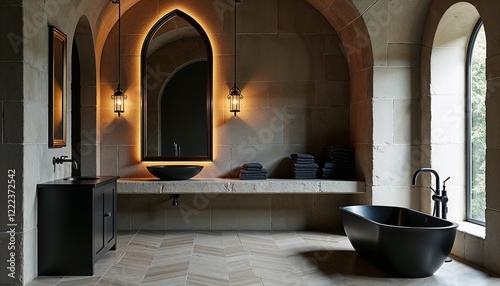 medieval style bathroom with elegant fixtures and warm lighting
