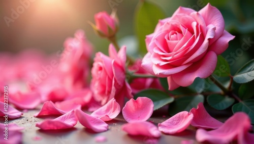 Pink rose petals scattered around a large rose bush in bloom, horticulture, natural scenery, flowers