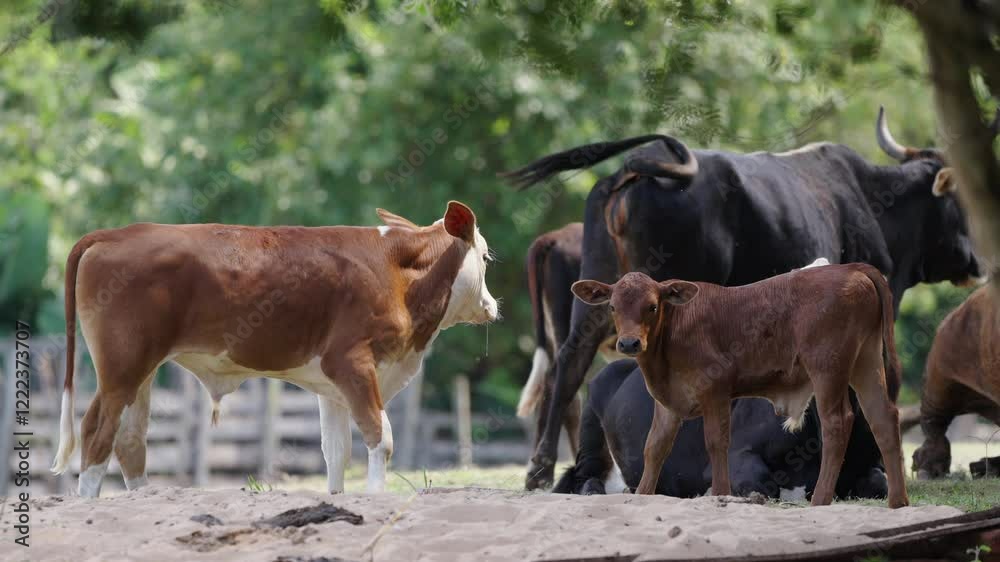 Pastoral Scene of Cow and Calf Grazing in rustic ranch. Sustainable Farming and Rural Tourism. Pastoral Scene of Cow and Calf Grazing in rustic ranch. Sustainable Farming and Rural Tourism.
