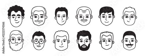 men portraits male doodles set doodle hand drawn icon set. Outline drawing man heads and faces line clipart symbol collection.