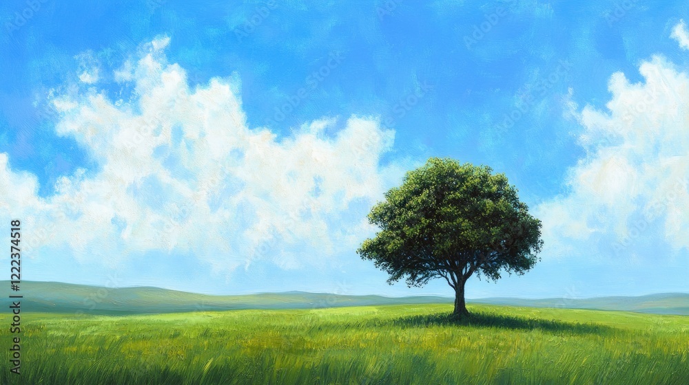 A tranquil scene of a solitary tree in the center of an expansive green field under a vivid blue sky. A tranquil scene of a solitary tree in the center of an expansive green field under a vivid blue sky.