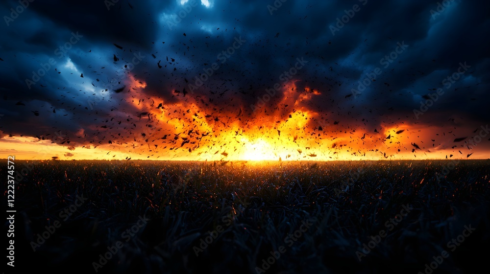 Naklejka premium Dramatic Sunset Over Fields with Dark Clouds and Colorful Sky