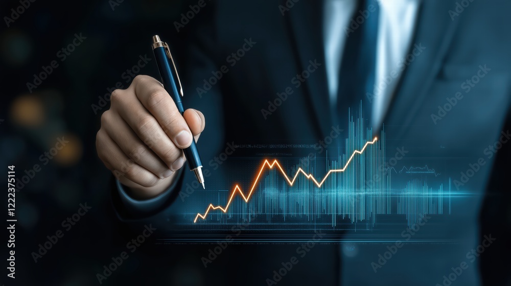 Businessman's hand holding a pen drawing a diagram on a virtual screen Businessman's hand holding a pen drawing a diagram on a virtual screen
